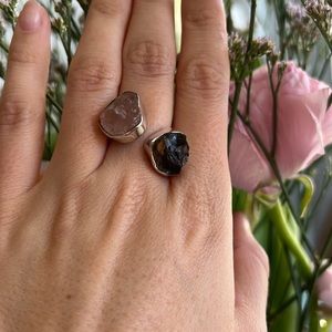 Rose Quartz and Black Quartz Sterling Silver 925 Ring Adjustable
